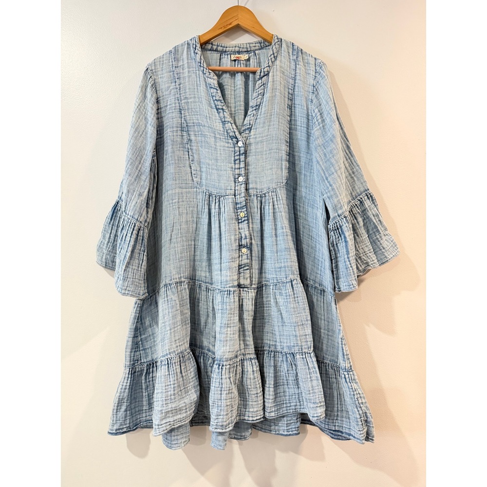 FAHERTY Dream Organic Cotton Gauze Tiered Kasey Dress Light Blue Sz L